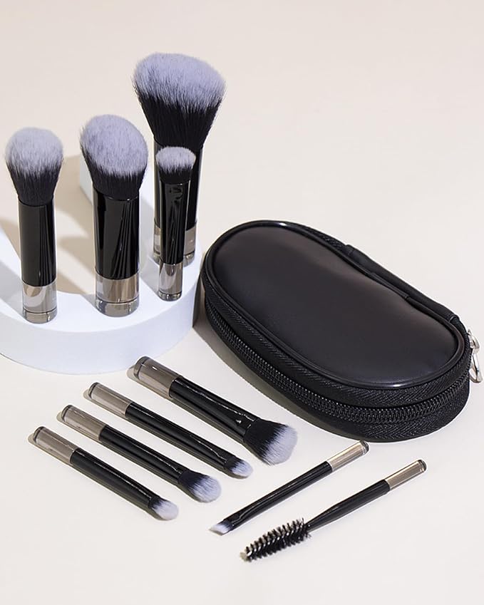 10 Pcs Mini Makeup Brush Travel Size Set With Brush Pouch, Portable Small Full Complete Function Cosmetic Brushes Kit for Women and Girls On the Go (Black)