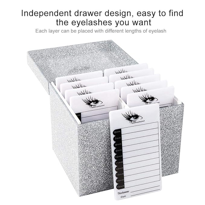 10 Layers Acrylic Eyelash Storage Box,Eyelash Holder Extension Tool,Makeup Organizer False Eyelashes Glue Pallet Holder, Grafting Eye lashes Close-Packed Display with 10 Pallets (silver)