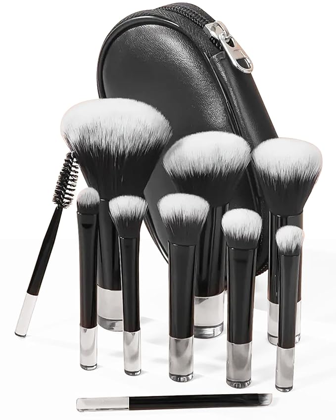 10 Pcs Mini Makeup Brush Travel Size Set With Brush Pouch, Portable Small Full Complete Function Cosmetic Brushes Kit for Women and Girls On the Go (Black)