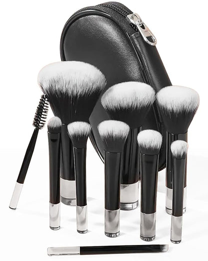 10 Pcs Mini Makeup Brush Travel Size Set With Brush Pouch, Portable Small Full Complete Function Cosmetic Brushes Kit for Women and Girls On the Go (Black)