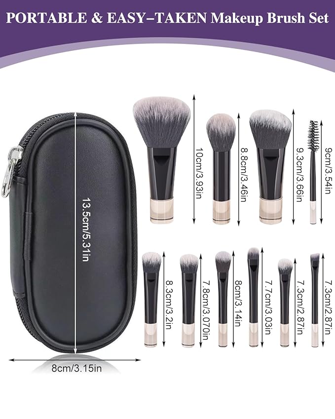 10 Pcs Mini Makeup Brush Travel Size Set With Brush Pouch, Portable Small Full Complete Function Cosmetic Brushes Kit for Women and Girls On the Go (Black)