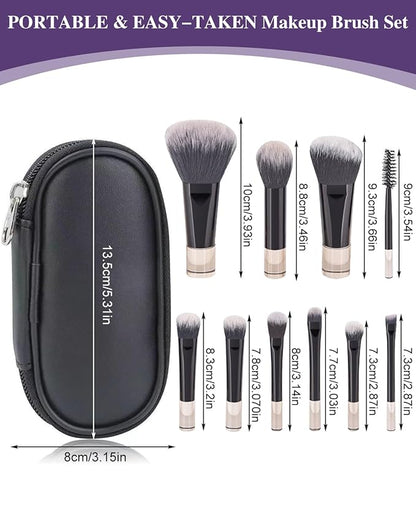 10 Pcs Mini Makeup Brush Travel Size Set With Brush Pouch, Portable Small Full Complete Function Cosmetic Brushes Kit for Women and Girls On the Go (Black)