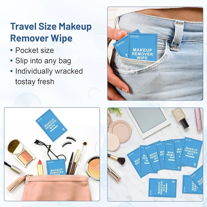 100 Count Makeup Remover Wipes Individually Wrapped, Travel Individual Wet Wipes Bulk, Gentle Cleansing for Face Mascara Lipstick, Single Makeup Removing Wet Wipes