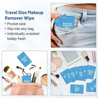 100 Count Makeup Remover Wipes Individually Wrapped, Travel Individual Wet Wipes Bulk, Gentle Cleansing for Face Mascara Lipstick, Single Makeup Removing Wet Wipes