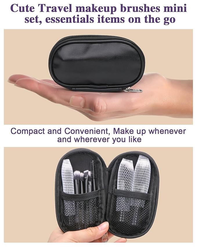 10 Pcs Mini Makeup Brush Travel Size Set With Brush Pouch, Portable Small Full Complete Function Cosmetic Brushes Kit for Women and Girls On the Go (Black)