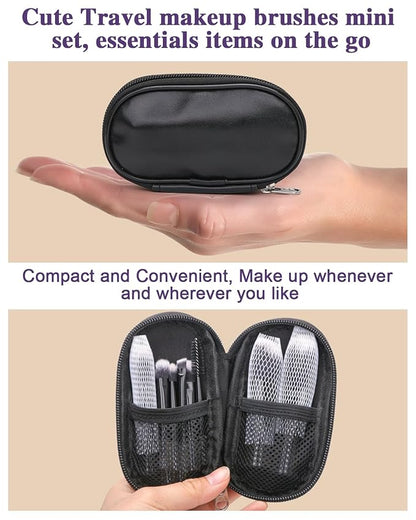 10 Pcs Mini Makeup Brush Travel Size Set With Brush Pouch, Portable Small Full Complete Function Cosmetic Brushes Kit for Women and Girls On the Go (Black)