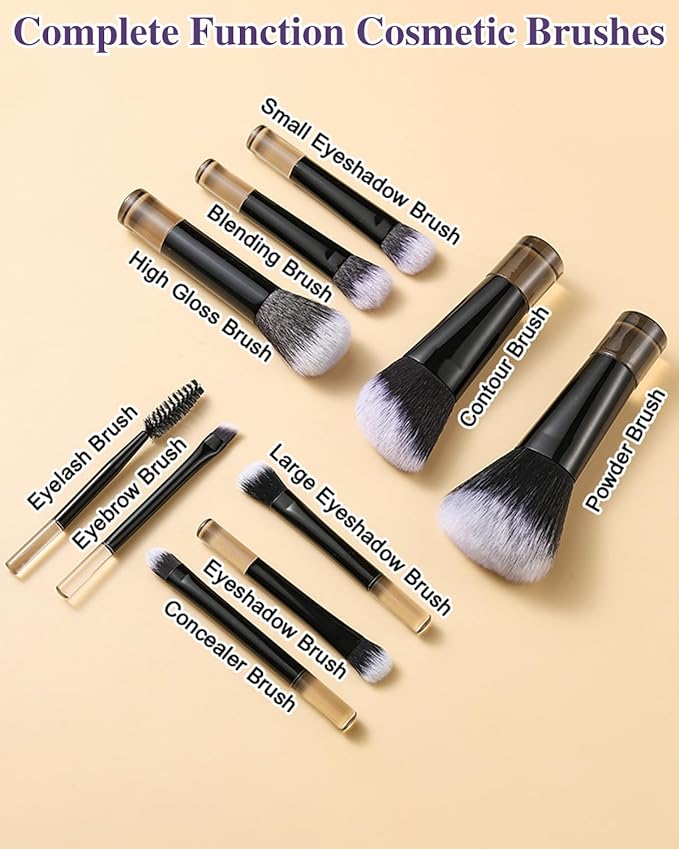 10 Pcs Mini Makeup Brush Travel Size Set With Brush Pouch, Portable Small Full Complete Function Cosmetic Brushes Kit for Women and Girls On the Go (Black)