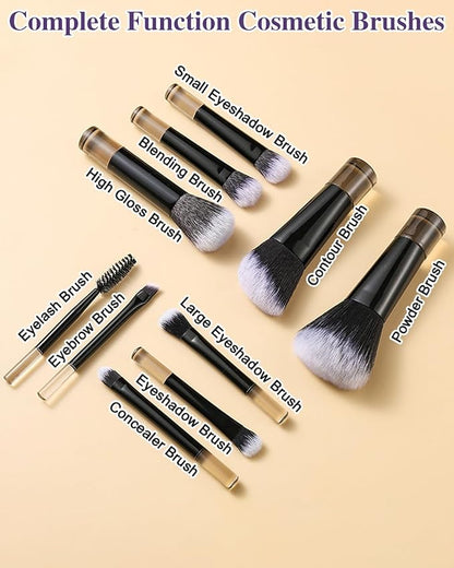 10 Pcs Mini Makeup Brush Travel Size Set With Brush Pouch, Portable Small Full Complete Function Cosmetic Brushes Kit for Women and Girls On the Go (Black)