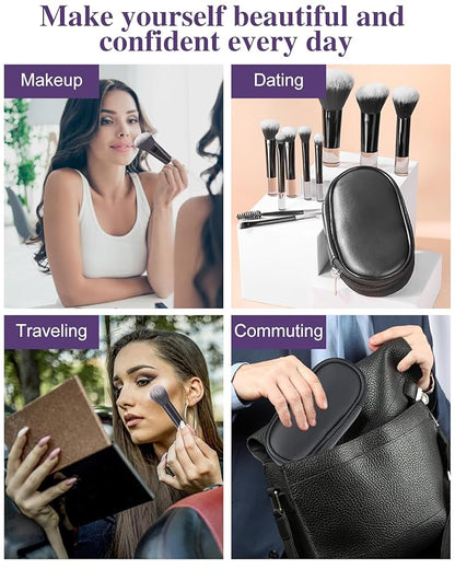 10 Pcs Mini Makeup Brush Travel Size Set With Brush Pouch, Portable Small Full Complete Function Cosmetic Brushes Kit for Women and Girls On the Go (Black)