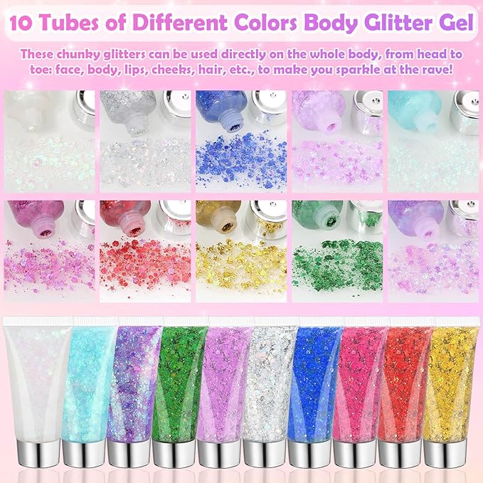 10 Colors Body Face Glitter Gel for Skin and Hair, Makeup Sparkles Rave Accessories for Festival Outfits, Mermaid Decorations, Disco Cowgirl, Mardi Gras